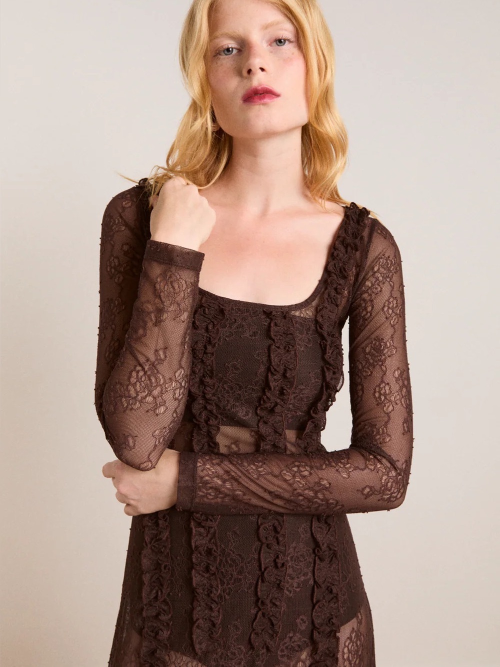 DAMSON MADDER RAPHI LACE MIDI DRESS IN COFFEE - Picture 7 of 17